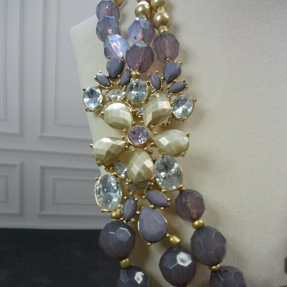VTG Inspired 3 Strand Statement Necklace with Large 3D Offset Sparkling Flower - Picture 4 of 9